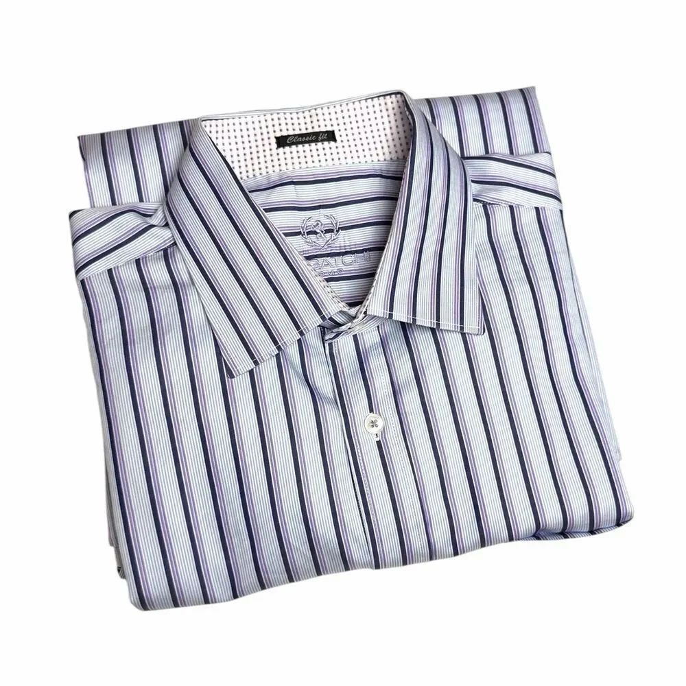Bugatchi Uomo Cotton Shirt Button Down Striped Blue Purple Classic Fit Neck 17